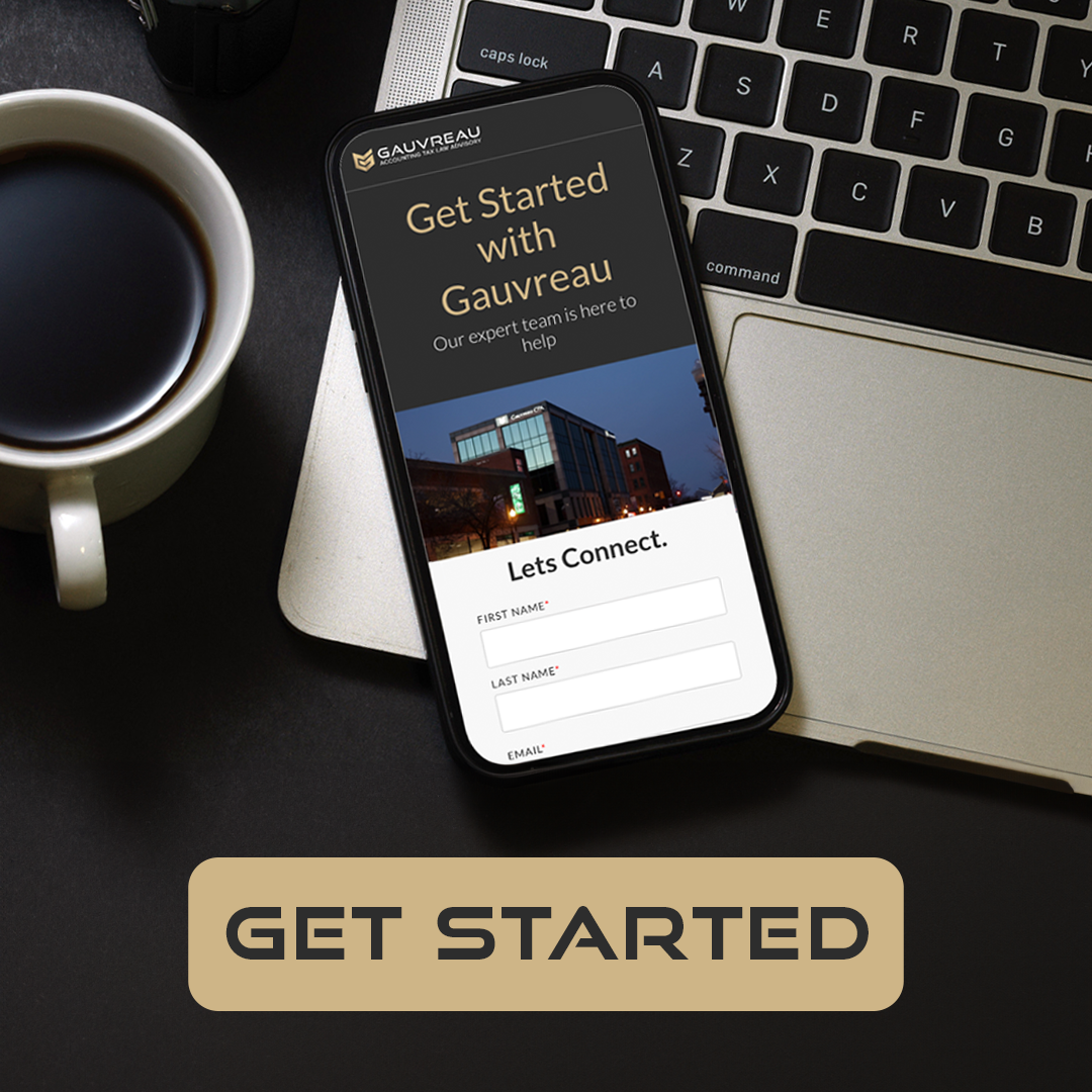 A cell phone with Gauvreau's Get Started form and a button that says get started